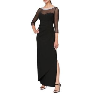 NWT! Alex Evenings embellished illusion mesh 3/4 sleeve gown with ruching 14P